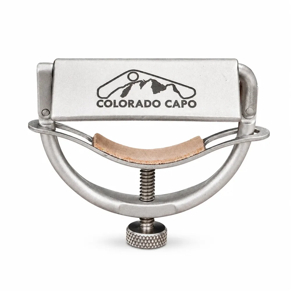 Blue custom Colorado guitar capo with brass blade and storage pouch