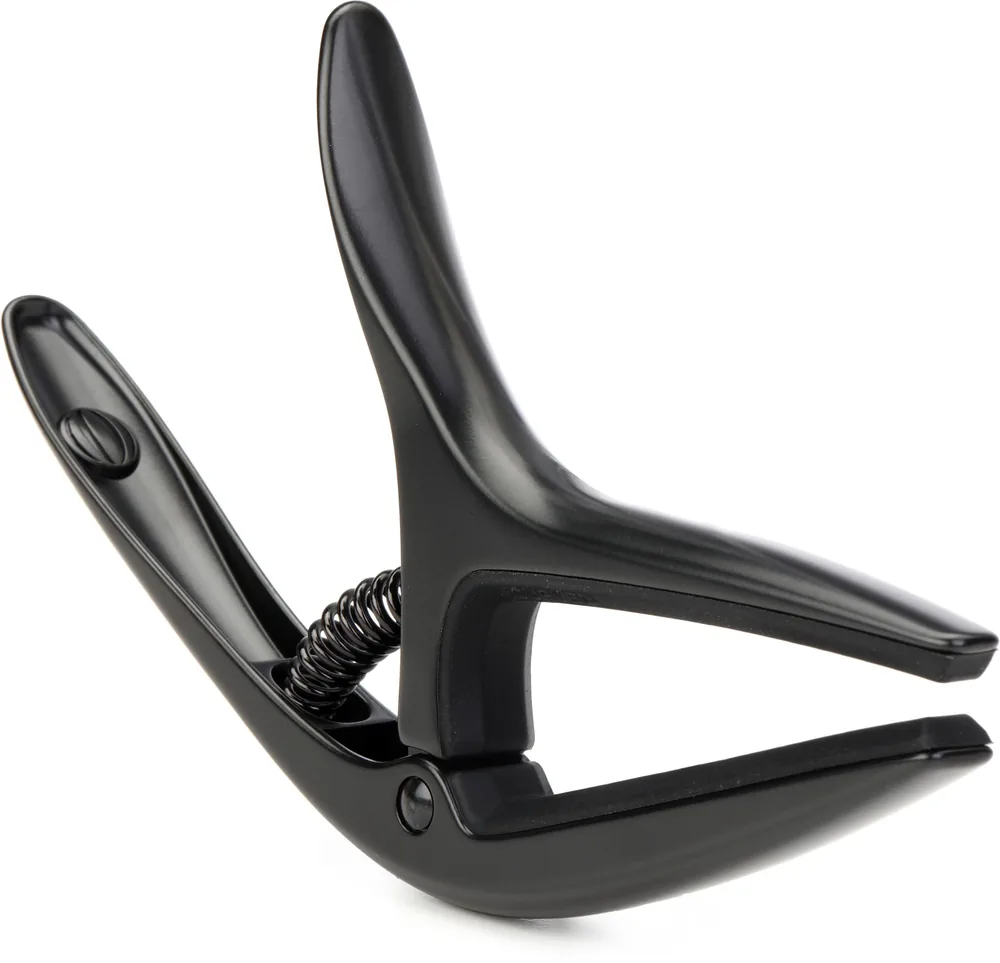 Black Ernie Ball Axis dual-radius spring guitar capo